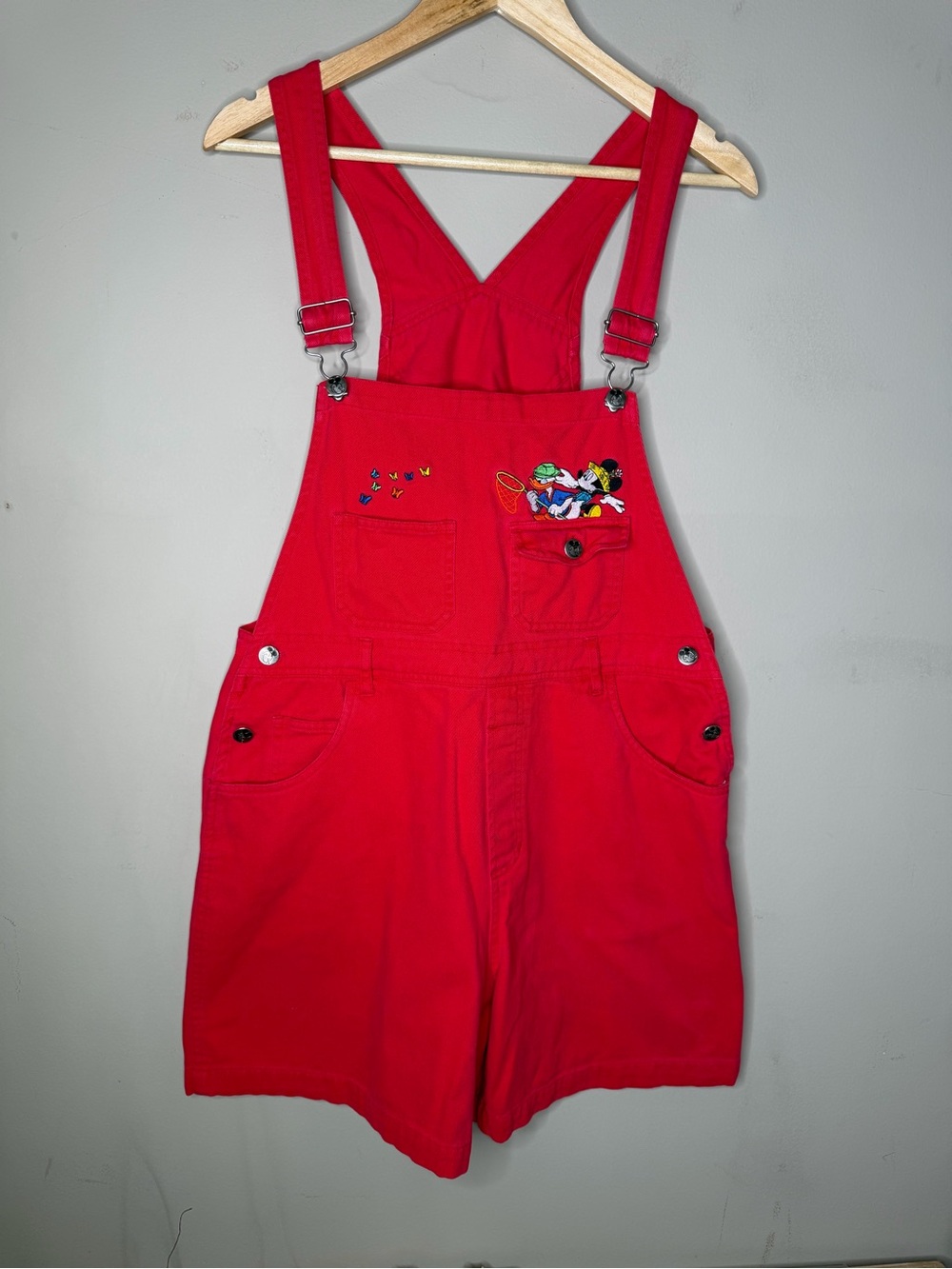 90s Y2K Bib Overalls Shorts Shortalls Mickey Mouse Donald Large Embroidered Vtg